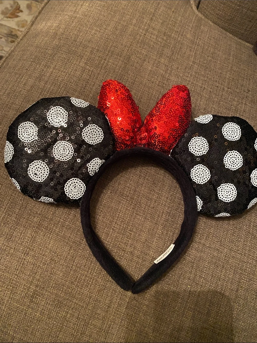 Disney Black Polka Dot Sequin Minnie Ears Headband with Red Bow